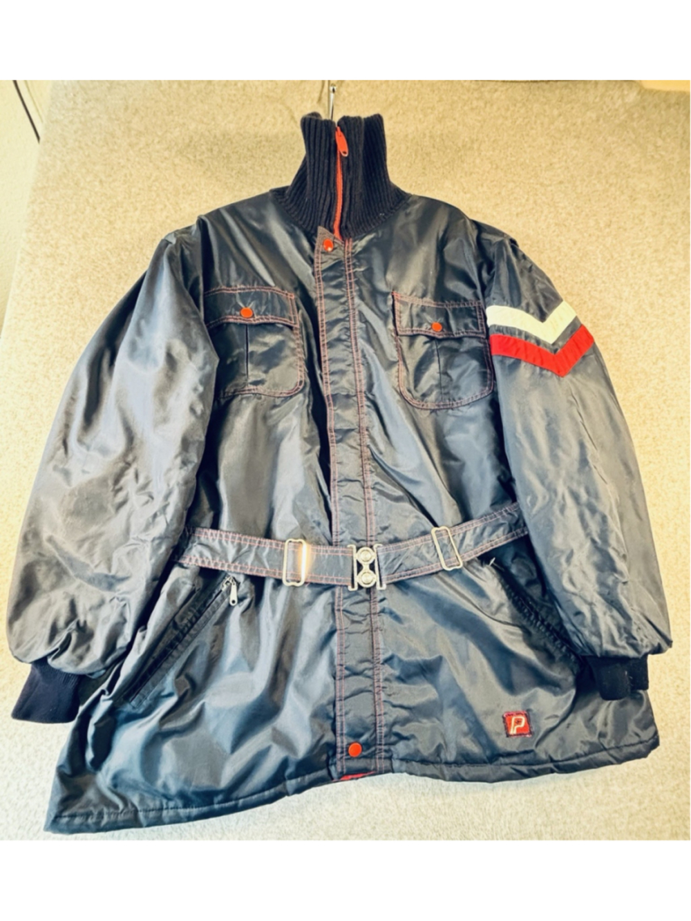 Vintage 60s 70s Polaris Snowmobile Jacket XL Navy Red Belted USA Made